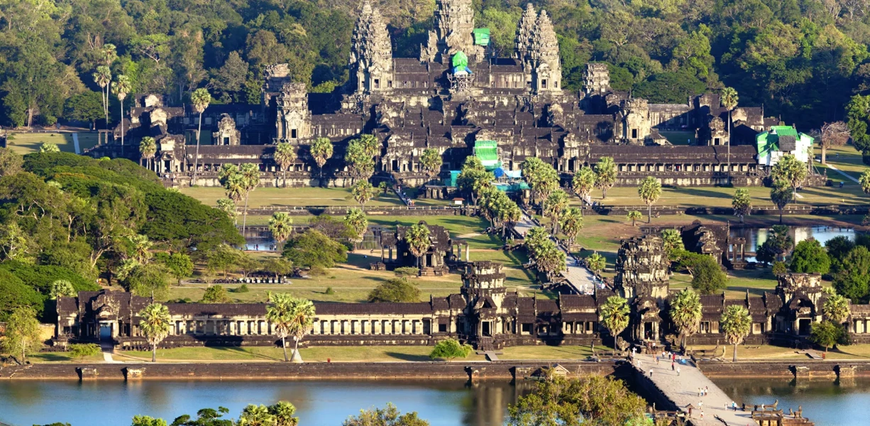 ngkor Wat with the text 'Did you know Cambodians built Angkor Wat in the 12th century via canals?' and the Cambodia flag in the corner