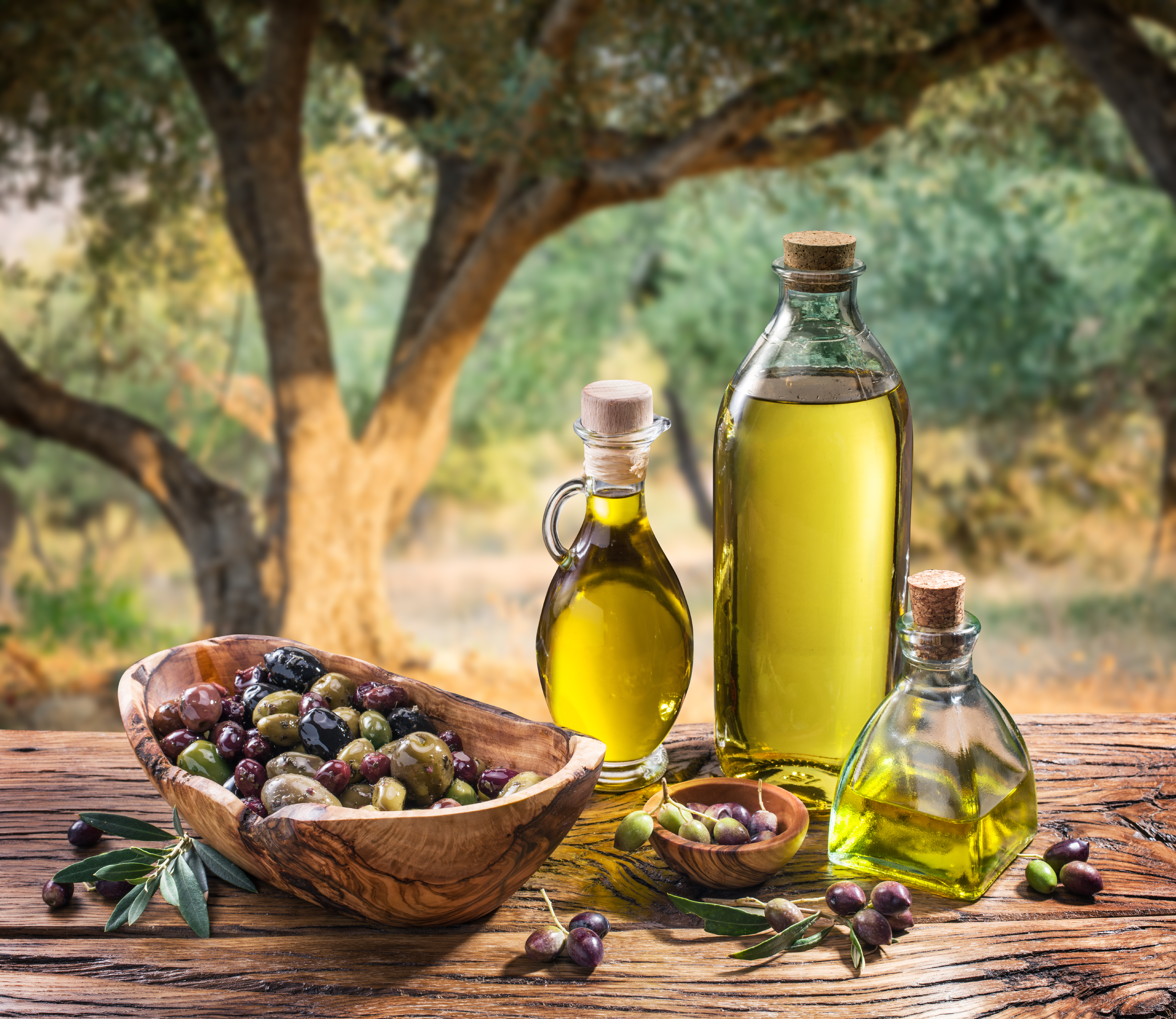 Olive Oil Bottles And Fresh Olives Rustic Table