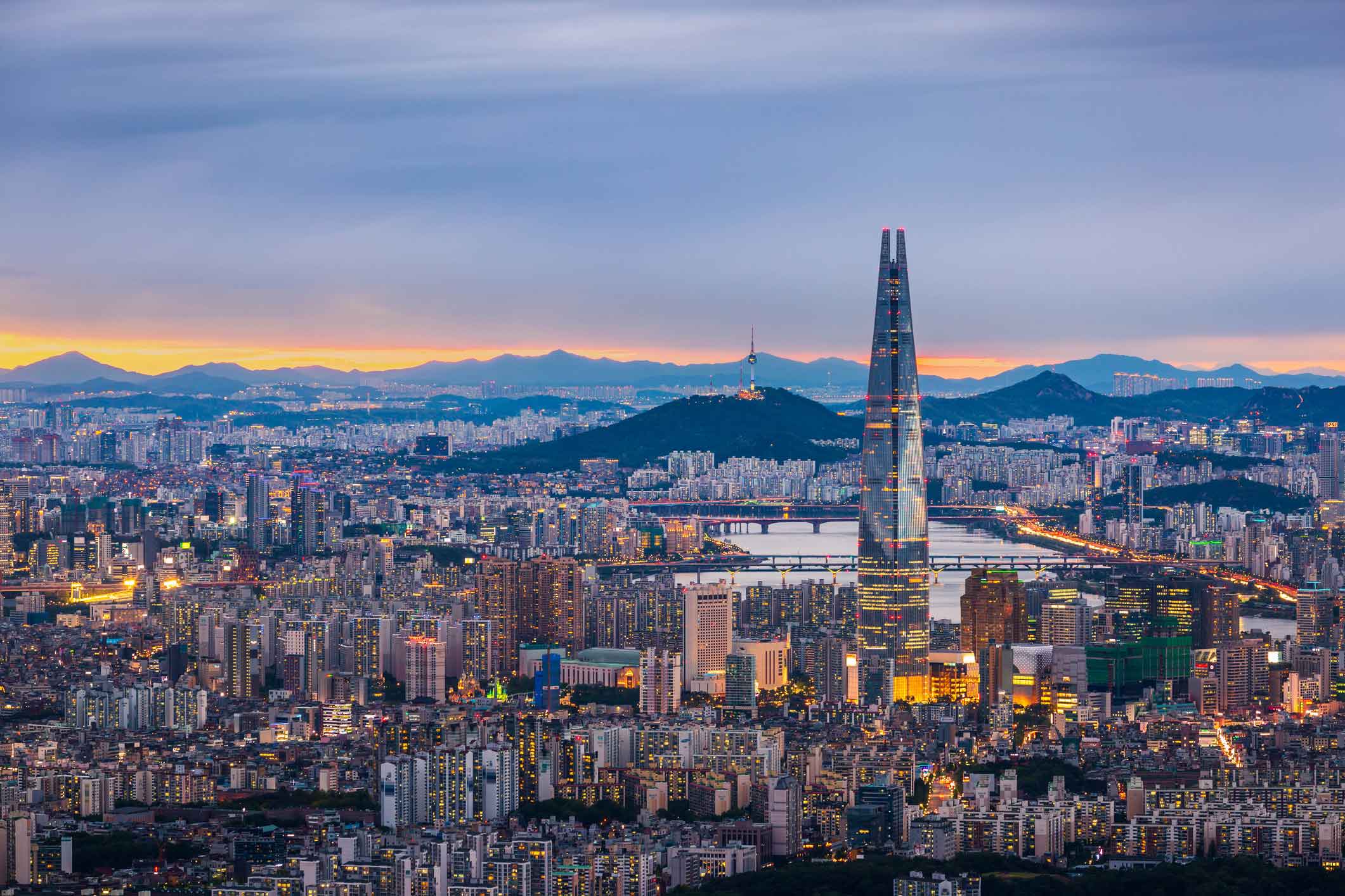 Seoul City Skyline Lotte World Tower Dusk