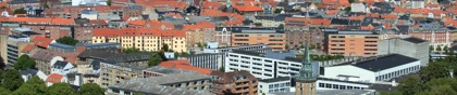 Panoramic view of Aalborg, Denmark, showcasing red-roofed buildings, a church with a green spire, and an industrial harbor in the background