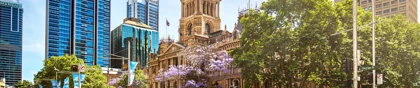 Busy street scene in Sydney with pedestrians crossing near the historic Sydney Town Hall and modern skyscrapers